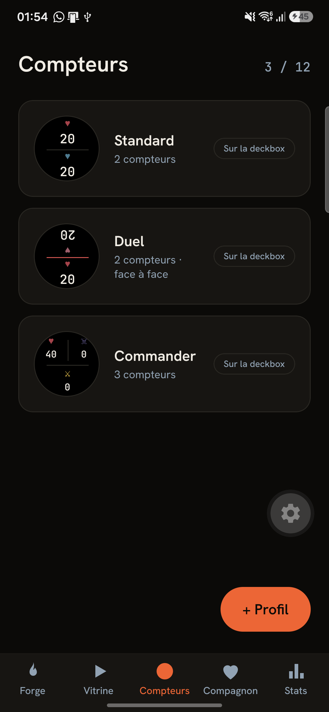 Zähler-Tab der App: Profile pro Spiel