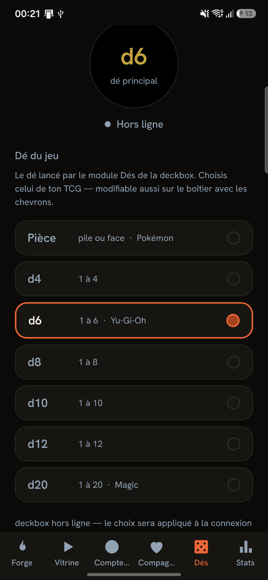Onglet Dés de l'app : présets de dés par TCG