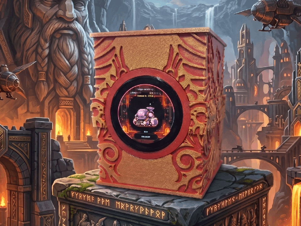 Die DeckSmith Connect Deckbox mit leuchtendem vernetztem Medaillon, im Herzen einer Zwergen-Schmiedestadt